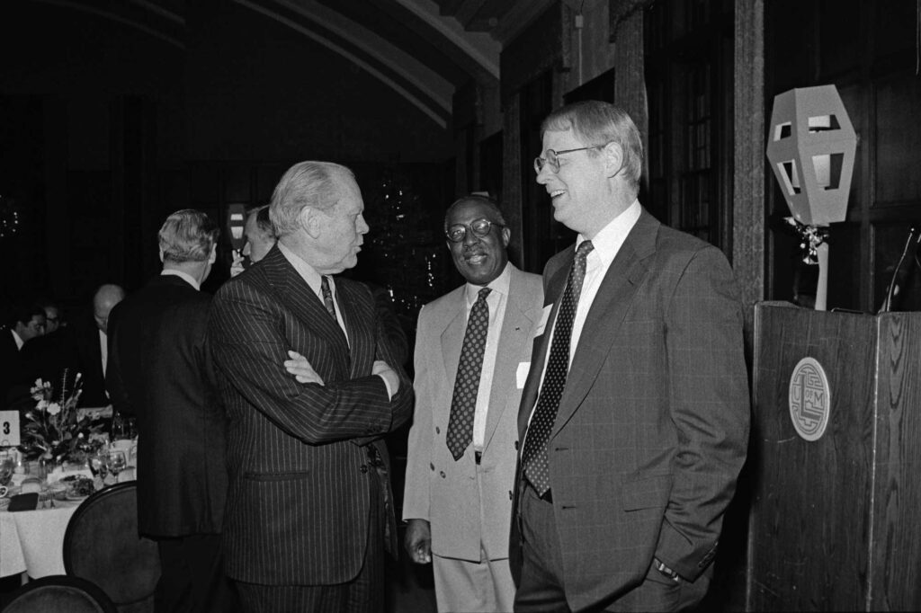 Former U.S. President Gerald R. Ford with U-M President James Duderstadt during the campus “Conference on Democracies,” 1988. Image credit: Michigan Photography