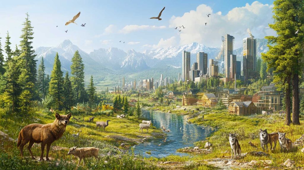 Concept illustration of a panoramic view of the mountainous wilderness, with forests, meadows, and a river in the foreground; a cityscape including skyscrapers and modern buildings in the background; various animals like deer, foxes, elk, and birds visible around the landscape; a sunny day; in the style of realistic digital art. Image credit: Nicole Smith, made with Midjourney