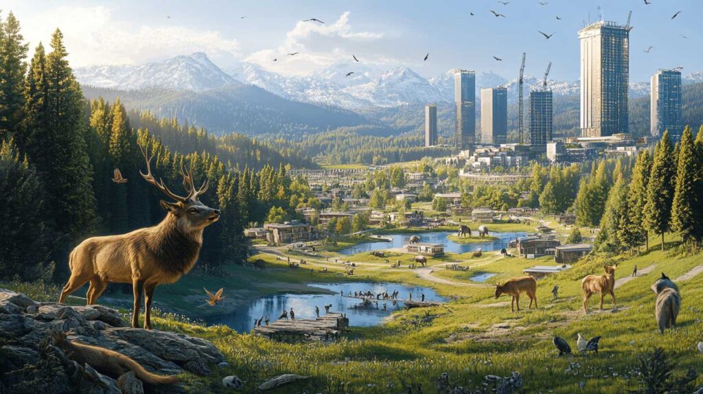 Concept illustration of a panoramic view of the mountainous wilderness, with forests, meadows, and a river in the foreground; a cityscape including skyscrapers and modern buildings in the background; various animals like deer, foxes, elk, and birds visible around the landscape; a sunny day; in the style of realistic digital art. Image credit: Nicole Smith, made with Midjourney
