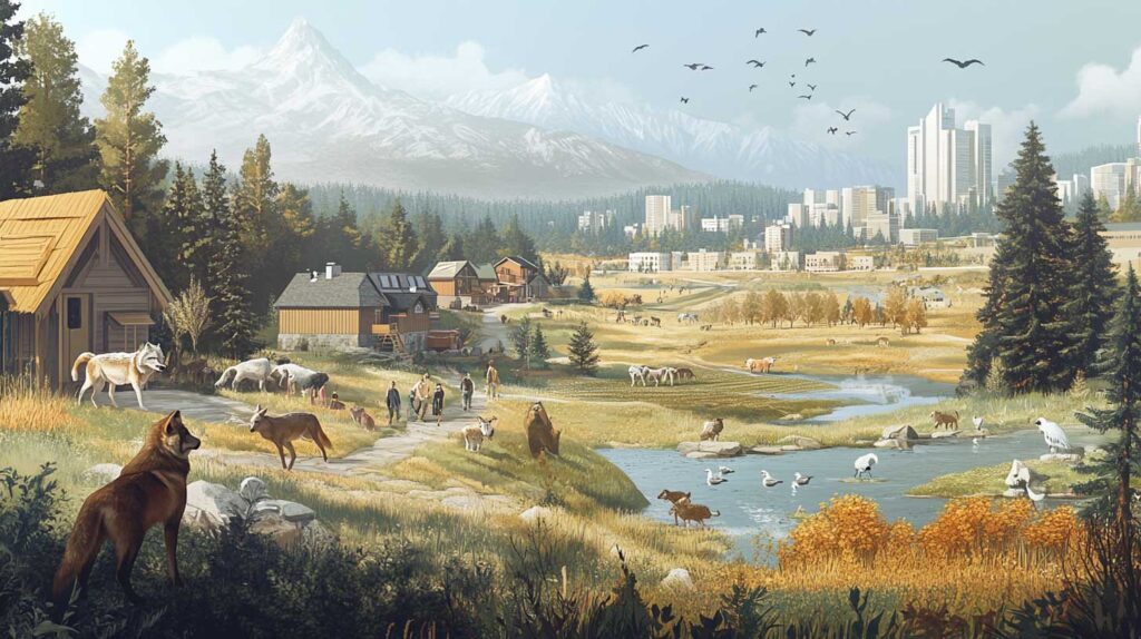 Concept illustration of a panoramic view of the mountainous wilderness, with forests, meadows, and a river in the foreground; a cityscape including skyscrapers and modern buildings in the background; various animals like deer, foxes, elk, and birds visible around the landscape; a sunny day; in the style of realistic digital art. Image credit: Nicole Smith, made with Midjourney