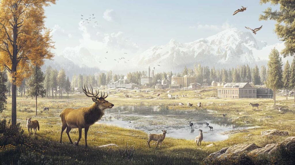 Concept illustration of a panoramic view of the mountainous wilderness, with forests, meadows, and a river in the foreground; a cityscape including skyscrapers and modern buildings in the background; various animals like deer, foxes, elk, and birds visible around the landscape; a sunny day; in the style of realistic digital art. Image credit: Nicole Smith, made with Midjourney