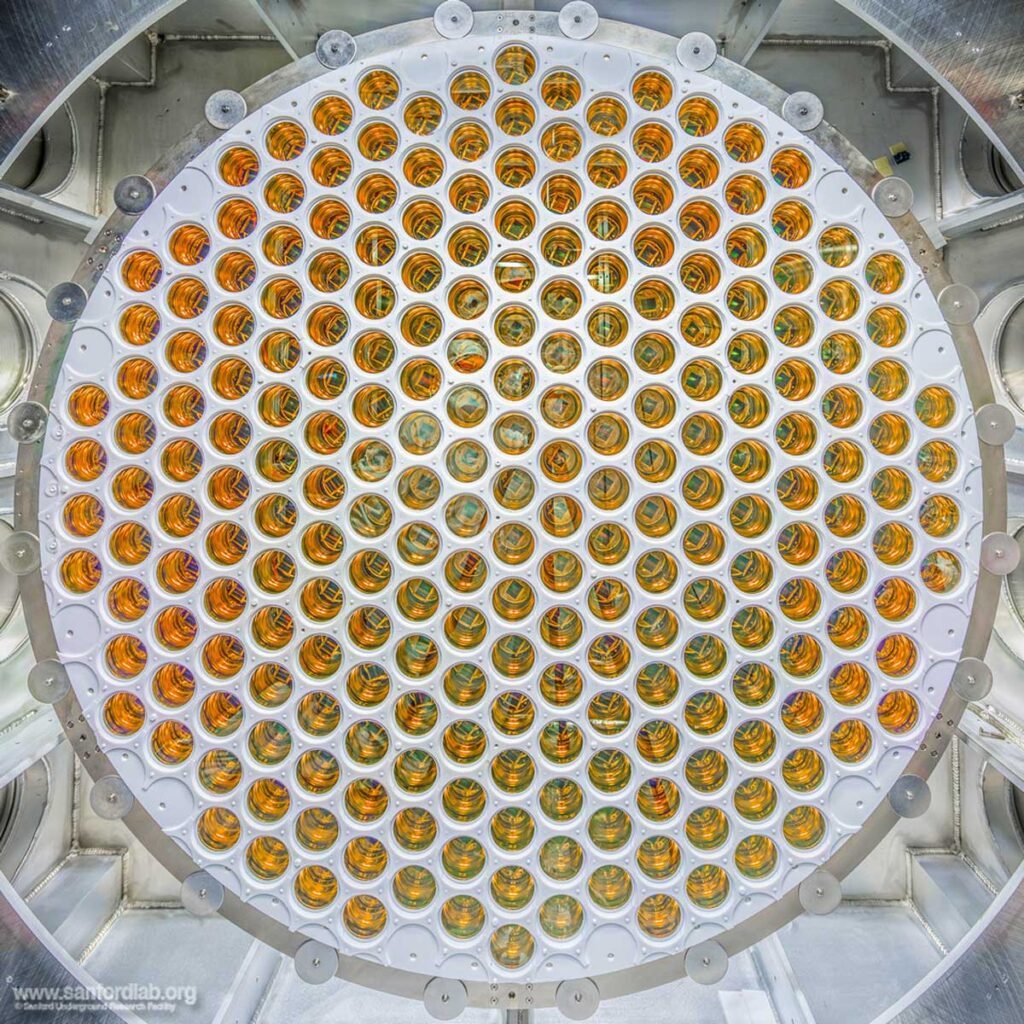 A large white circle is filled with many smaller golden circles, patterned similar to a honeycomb, that detect light inside the LZ detector.