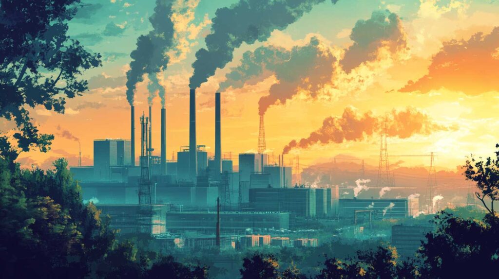 Concept illustration of a factory with smokestacks emitting pollution into the sky, against a background of trees and cityscape. Image credit: Nicole Smith, made with Midjourney