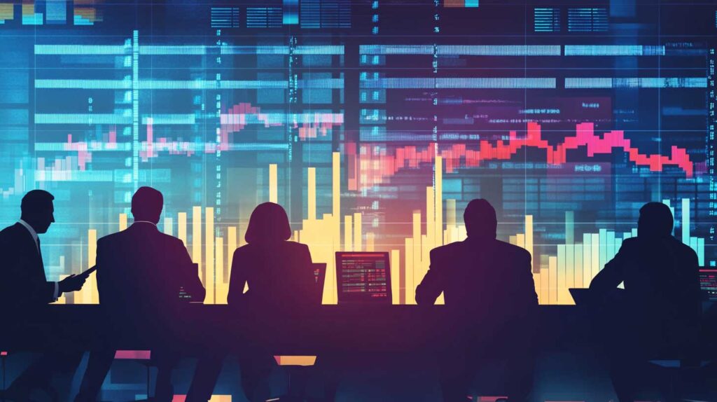 Concept illustration of a group of business people in silhouette sitting around an office desk, with digital graphs and stock market charts on the screen behind them, symbolizing financial data analysis for precision trading. Image credit: Nicole Smith, made with Midjourney