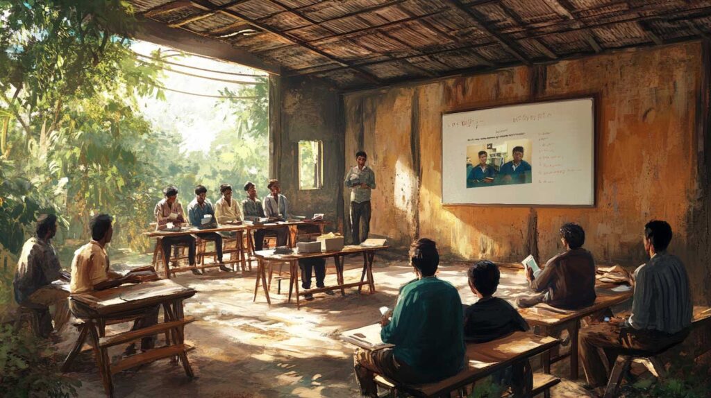 Concept illustration of a teacher teaching students in a classroom setting with wooden desks and chairs, and a whiteboard on the wall. The scene has cinematic lighting, warm sunlight, and a rural village backdrop. Image credit: Nicole Smith, made with Midjourney