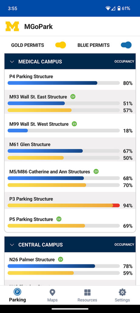 This screenshot from the MGoPark app shows the availability of parking in various lots and structures.