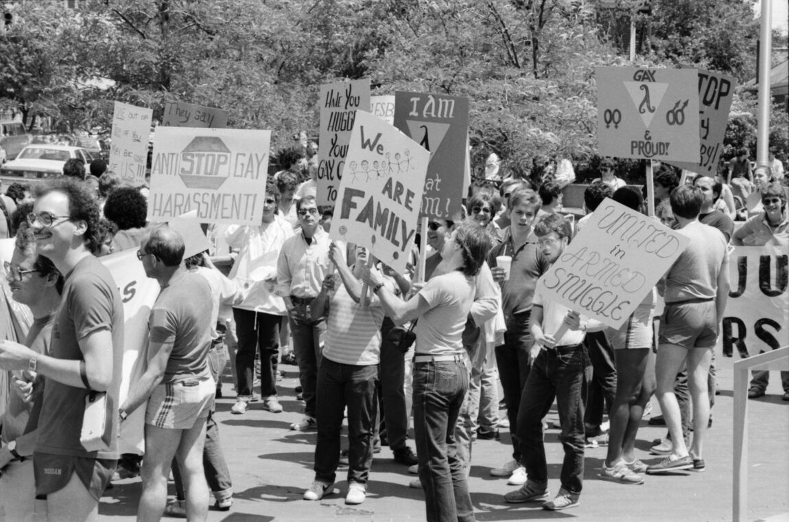 A photo of people protesting in Ann Arbor in 1985