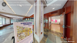 Graphic that depicts a virtual space inside an academic building for the online Egalitarian Project 3D tour.