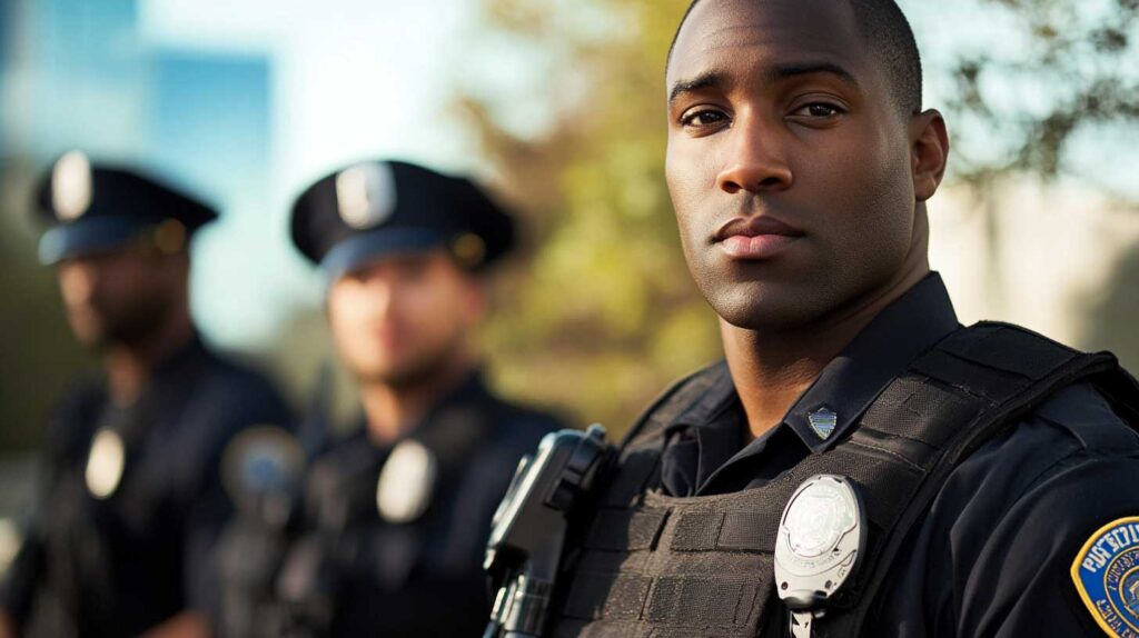 Concept photo of an officer in focus looking at the camera, with two other officers in the background. Image credit: Nicole Smith, made with Midjourney