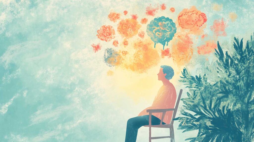 Concept illustration showing a cancer patient sitting comfortably in a serene therapy session, with a therapist guiding them. Soft light enters the room, symbolizing hope and calm. Image credit: Nicole Smith, made with Midjourney