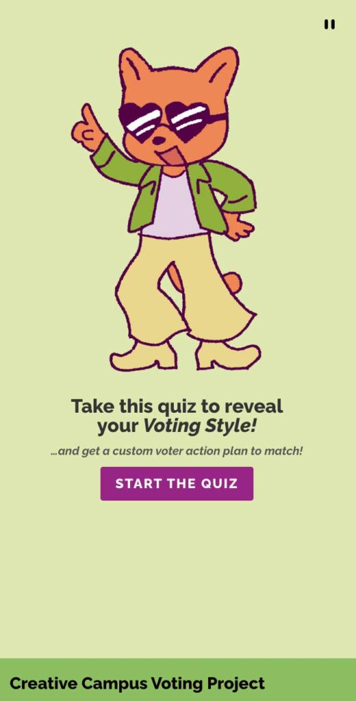 A screenshot depicts a colorful illustrated cat character, dressed in a green jacket, yellow bell-bottom pants, and heart shaped glasses. It strikes a disco-dance pose while below it reads, “Take this quiz to reveal your Voting Style!”