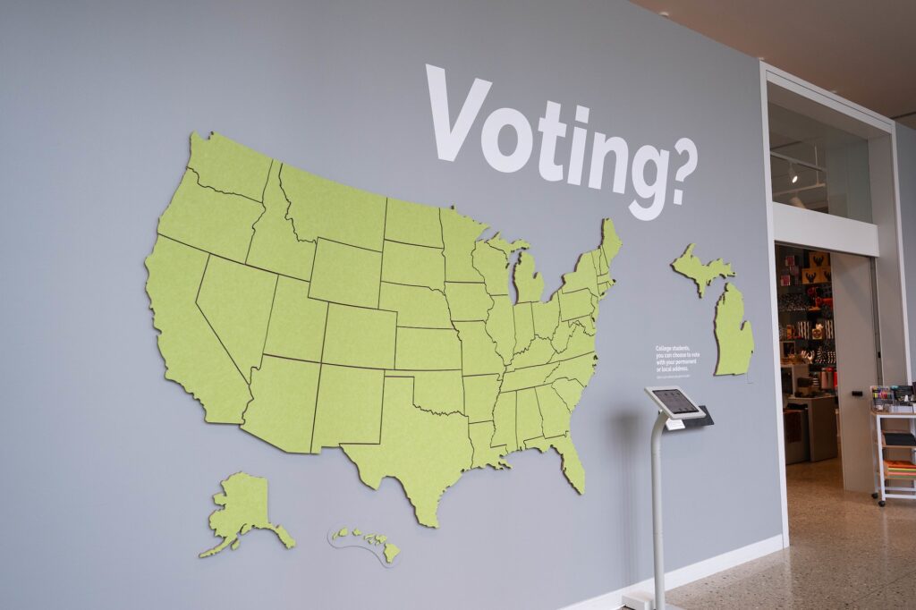 Wall map at the Creative Campus Voting Project. Image credit: Christina Merrill, Michigan Photography