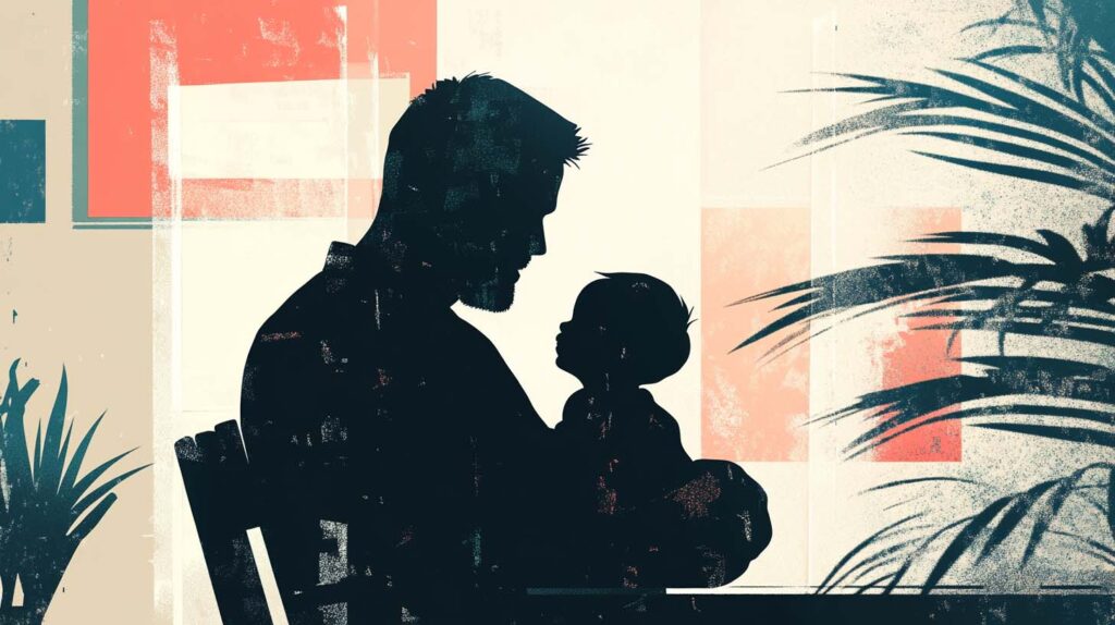 Concept illustration of a father holding and bonding with his child. Image credit: Nicole Smith, made with Midjourney
