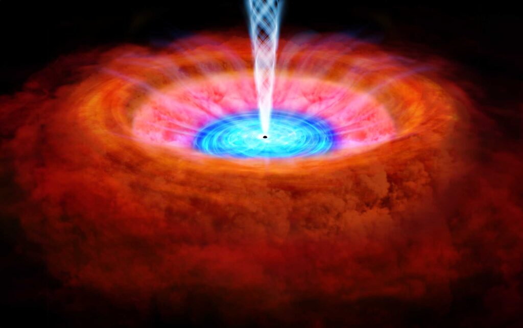 A small black circle sits at the center of an illustration, representing a black hole. A thin blue spiral shows energetic material swirling around the black hole. The edge of the spiral gives way to a larger, thicker and more diffuse and broader red and orange cloud. Shooting up from the black hole, perpendicular to the cloud, is a narrow jet of radiation shown in bluish white.