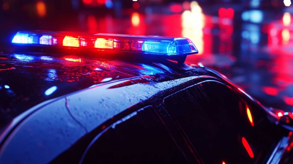 Concept photo of flashing blue and red lights on top of a police car. Image credit: Nicole Smith, made with Midjourney