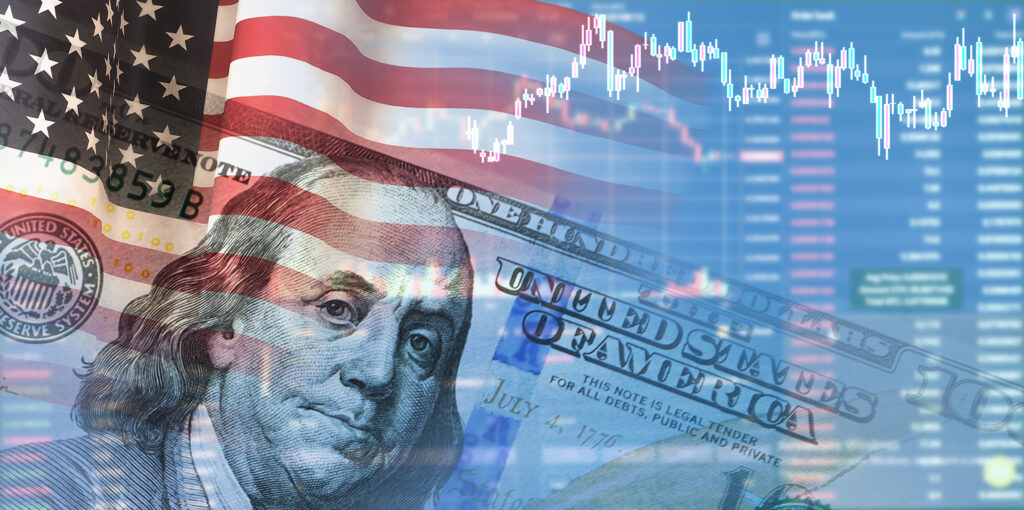 Closeup dollar on the background of a chart. U.S. economy. Decrease in profit. Recession. The economic crisis in America. 3d illustration. Image credit: Arseniy45, iStock