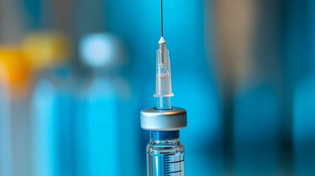 A syringe with the needle pointing upward, placed on a medical vial against a blue background. Image credit: Nicole Smith, made with Midjourney