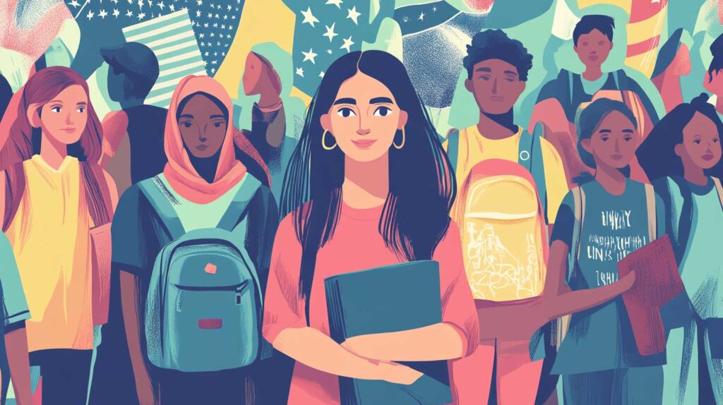 Concept illustration of refugee students. Image credit: Nicole Smith, made with Midjourney
