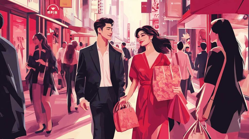 Concept illustration of Asian people shopping for luxury goods. Image credit: Nicole Smith, made with Midjourney