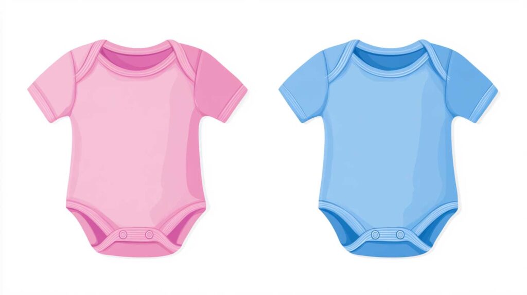 Concept illustration of a pink baby onesie and a blue baby onesie isolated on a white background. Image credit: Nicole Smith, made with Midjourney