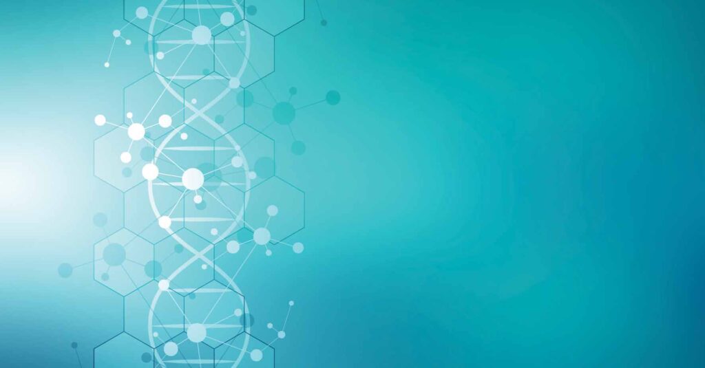 Turquoise background with a DNA structure, a vector illustration for a medical or scientific concept. Image courtesy: U-M School of Public Health