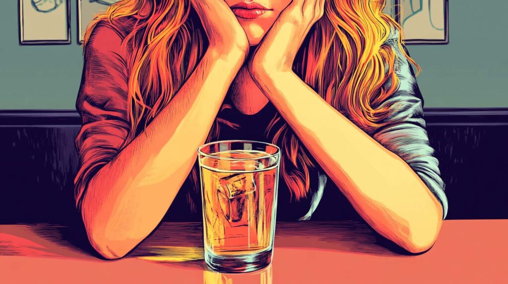 Concept illustration of a woman hunched over a drink. Image credit: Nicole Smith, made with Midjourney