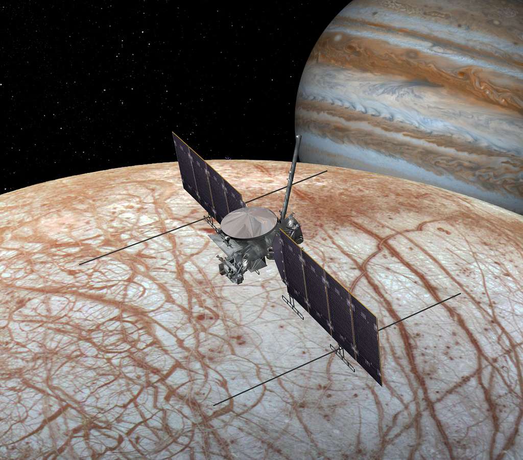 Artist's rendering shows NASA's Europa mission spacecraft, which is being developed for a launch sometime in the 2020s. This view shows the spacecraft configuration, which could change before launch, as of early 2016. Image credit: NASA