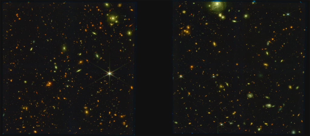 JWST NIRCam imaging of star-forming protocluster PHz G191.24 62.04, 11 billion years ago as the universe was approaching the peak of star formation. These early galaxies are among the most active star-forming galaxies observed between 10.5 and 11.5 billion years ago. Each galaxy seen in this image is therefore producing many black holes, which are converting matter into dark energy according to the cosmologically coupled black hole hypothesis. This image shows the two "modules" of JWST NIRCam: The leftmost module contains the protocluster, and the rightmost module is an adjacent blank field. Each module sees thousands of galaxies. Image credit: NASA, ESA, CSA, Maria Polletta (INAF), Hervé Dole (Paris), Brenda Frye (UofA), Jordan C. J. D'Silva (UWA), Anton M. Koekemoer (STScI), Jake Summers (ASU), Rogier Windhorst (ASU)