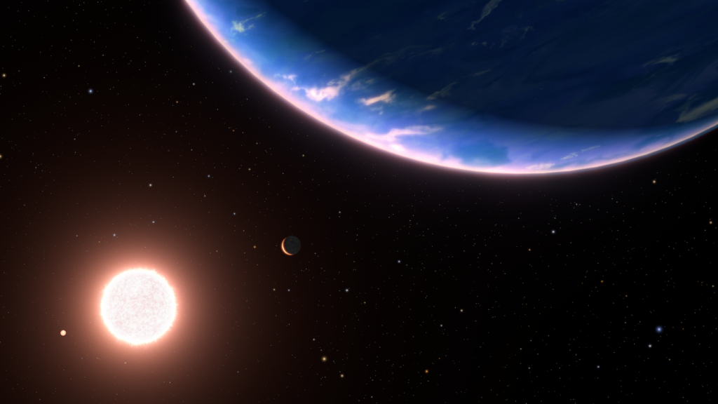 A blue, cloudy planet sits against the dark backdrop of space with a star burning in the background—but still close enough to heat the planet to hundreds of degrees Fahrenheit.