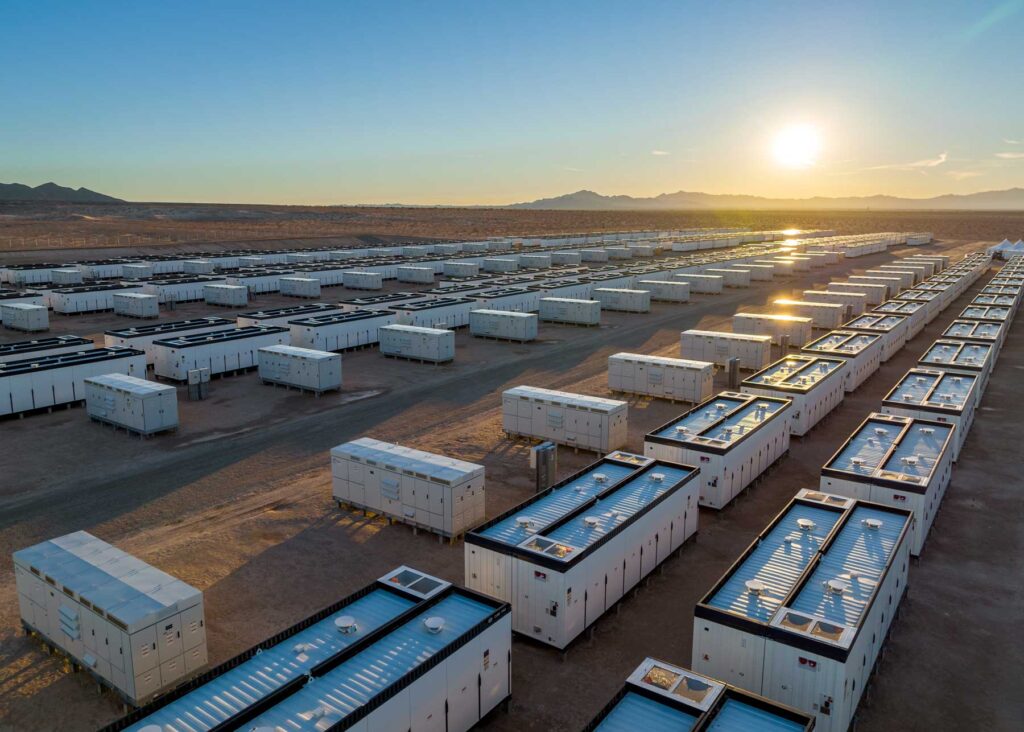 Low in the sky, the sun shines on dozens of shipping-container sized battery energy storage systems sitting in rows in the California desert.