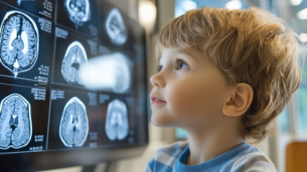 Concept photo of a young boy looking at brain scans. Image credit: Nicole Smith, made with Midjourney