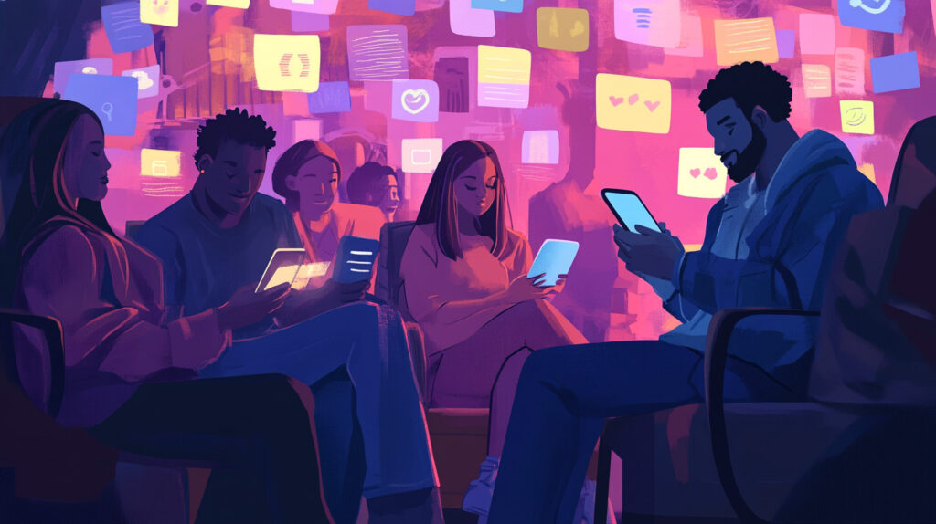 Concept illustration of a group of people chatting on their phones. Image credit: Nicole Smith, made with Midjourney