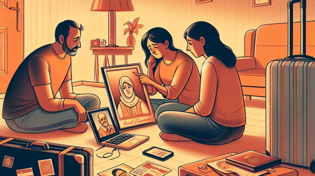 Concept illustration of an immigrant family mourning the death of a loved one from afar. Image credit: Juan Ochoa, made with Dall-E