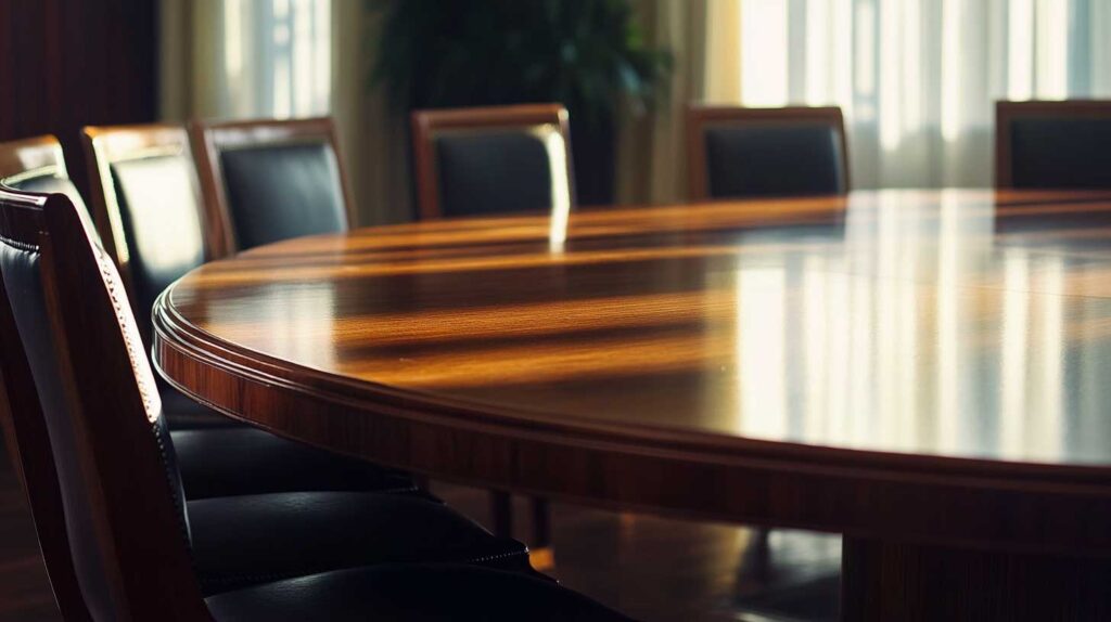Concept photo of a high end conference room table and chairs. Image credit: Nicole Smith, made with Midjourney