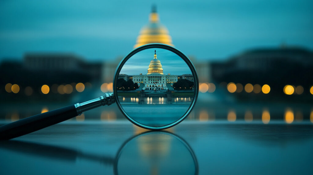 Concept illustration of a magnifying glass looking closely at a congressional building. Image credit: Nicole Smith, made with Midjourney