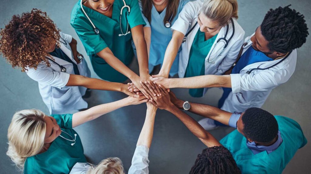 Concept illustration of a group of healthcare professionals from different backgrounds coming together in unity, forming hands around each other's shoulders to symbolize support and collaboration within the medical field. Image credit: Nicole Smith, made with Midjourney