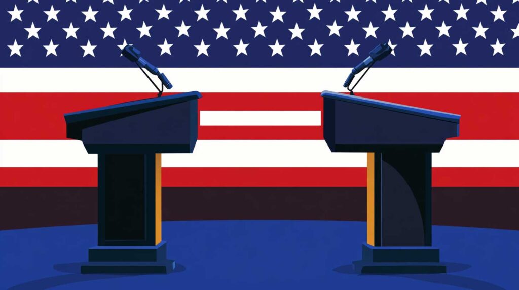 Concept illustration of two podiums on a state with an American flag in the background. Image credit: Nicole Smith, made with Midjourney