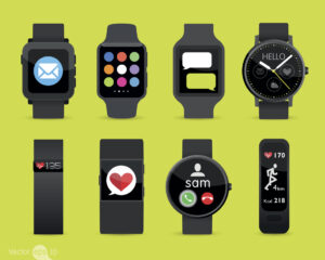 A graphic representing multiple kinds of fitness trackers lined up in a row against a chartreuse green background.