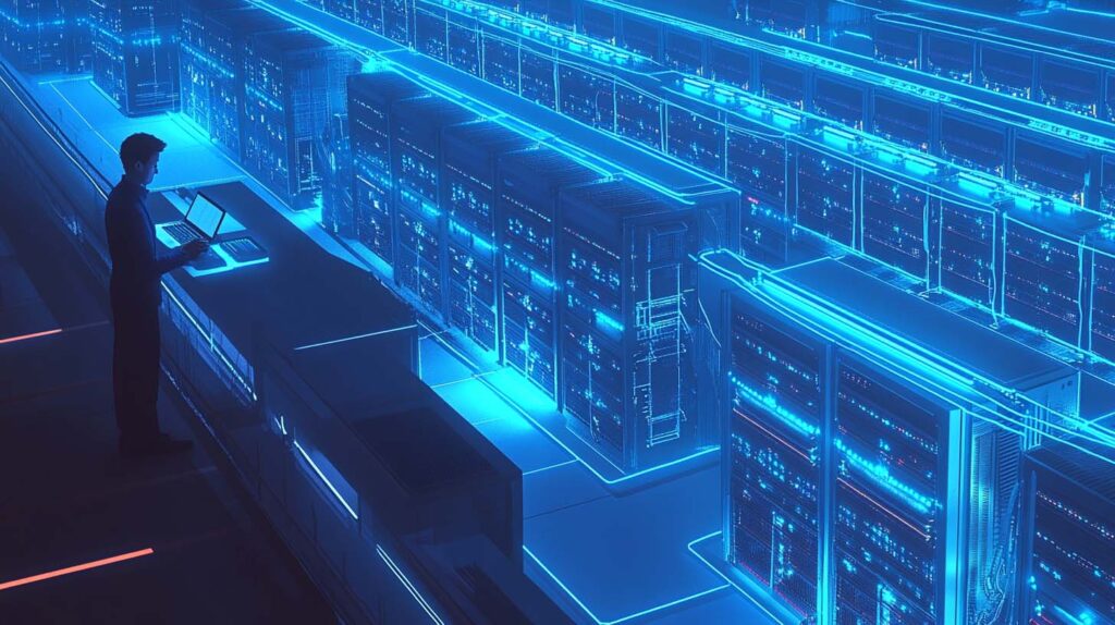 Concept illustration of a large data center with rows of high-performance, super-powered rendering servers, including UEFA and V-Ray, in which an IT worker is standing and holding a laptop on the left side of one row. The entire scene is illuminated by blue, glowing lines running throughout. Image credit: Nicole Smith, made with Midjourney