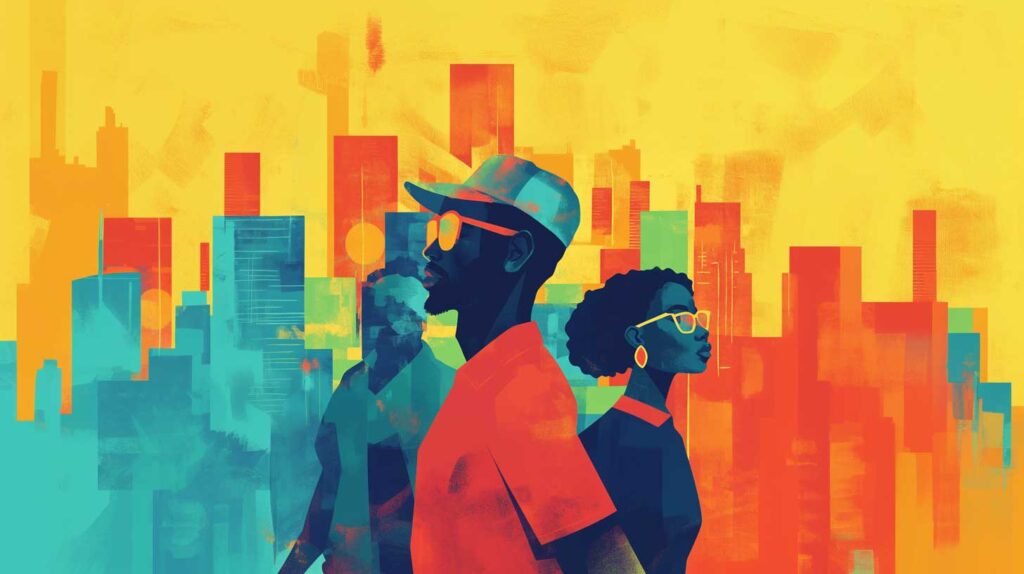 Concept illustration featuring Black Americans against an urban skyline. Image credit: Nicole Smith, made with Midjourney