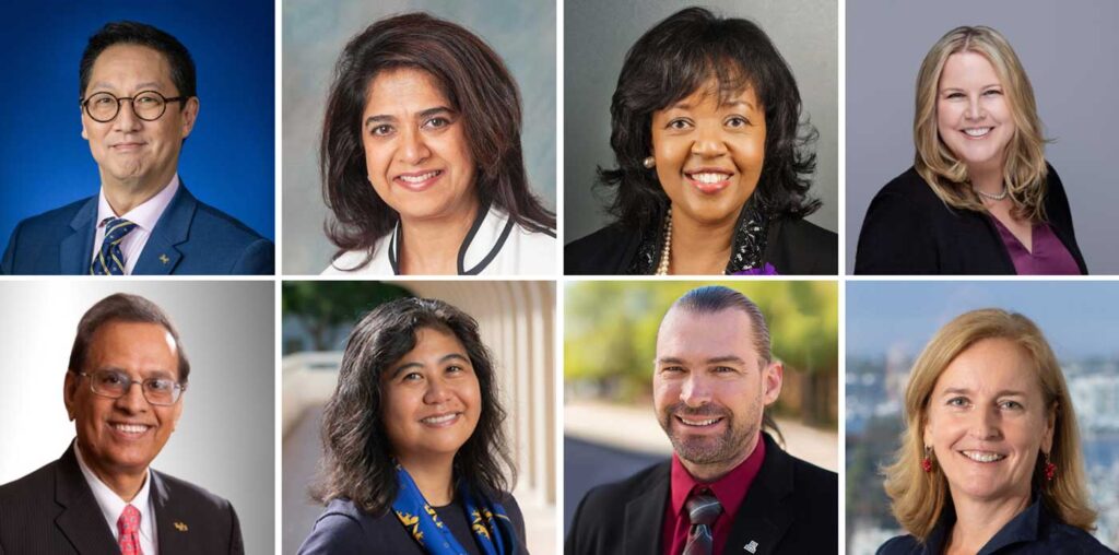 Clockwise from top left: Santa Ono, Tripti Sinha, Deborah Dent, Melissa Loble, Ewa Deelman, Derek Masseth, Mary Lou D. Ortiz, and Satish K. Tripathi