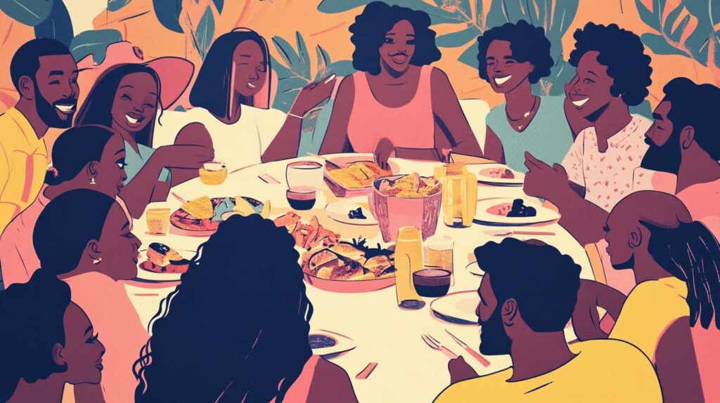 A group of Black Americans enjoying a meal. Image credit: Nicole Smith, made with Midjourney