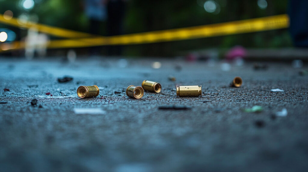 Concept illustration of bullet casings on the ground at a crime scene. Image credit: Nicole Smith, made with Midjourney