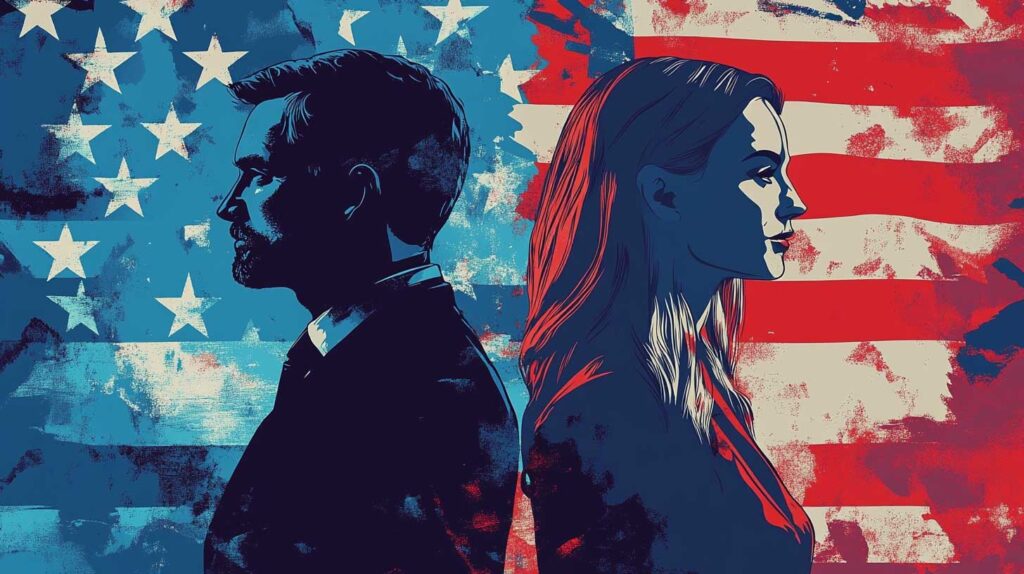 Concept illustration of a husband and wife divided over politics. Image credit: Nicole Smith, made with Midjourney