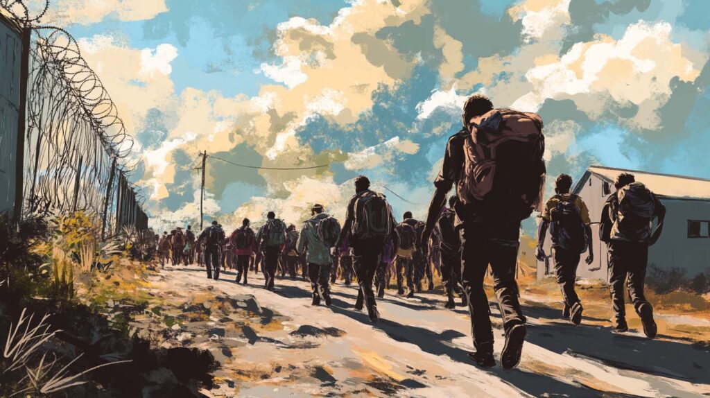 Concept illustration of migrants walking along the border. Image credit: Nicole Smith, made with Midjourney