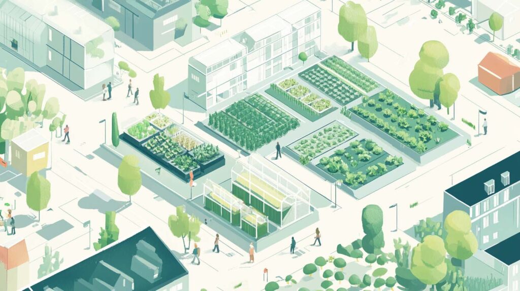 Concept illustration depicting food crops growing in an urban district. Image credit: Nicole Smith, made with Midjourney