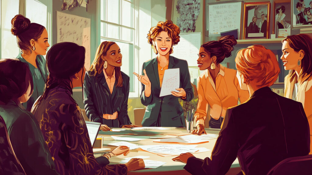 Concept illustration of women leading in a business meeting. Image credit: Nicole Smith, made with Midjourney
