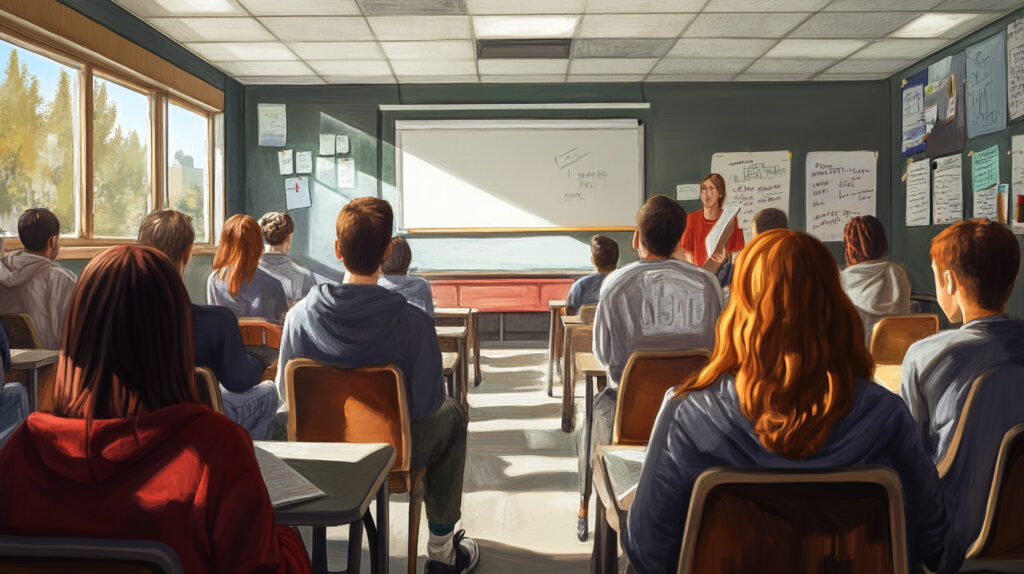 Concept illustration of students in a high school classroom listening to a teacher. Image credit: Nicole Smith, made with Midjourney