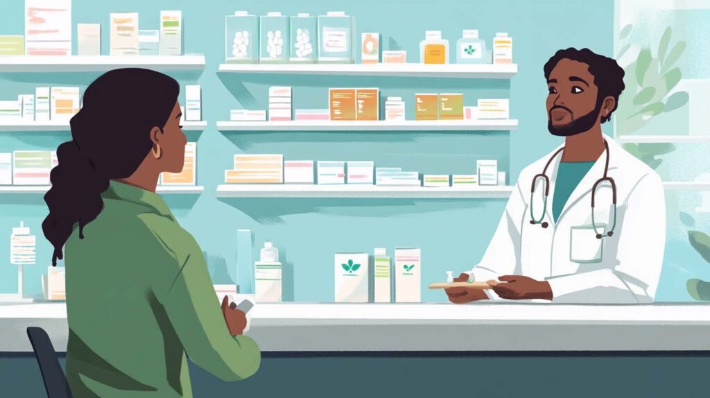 Concept illustration of a pharmacist assisting a customer. Image credit: Nicole Smith, made with Midjourney