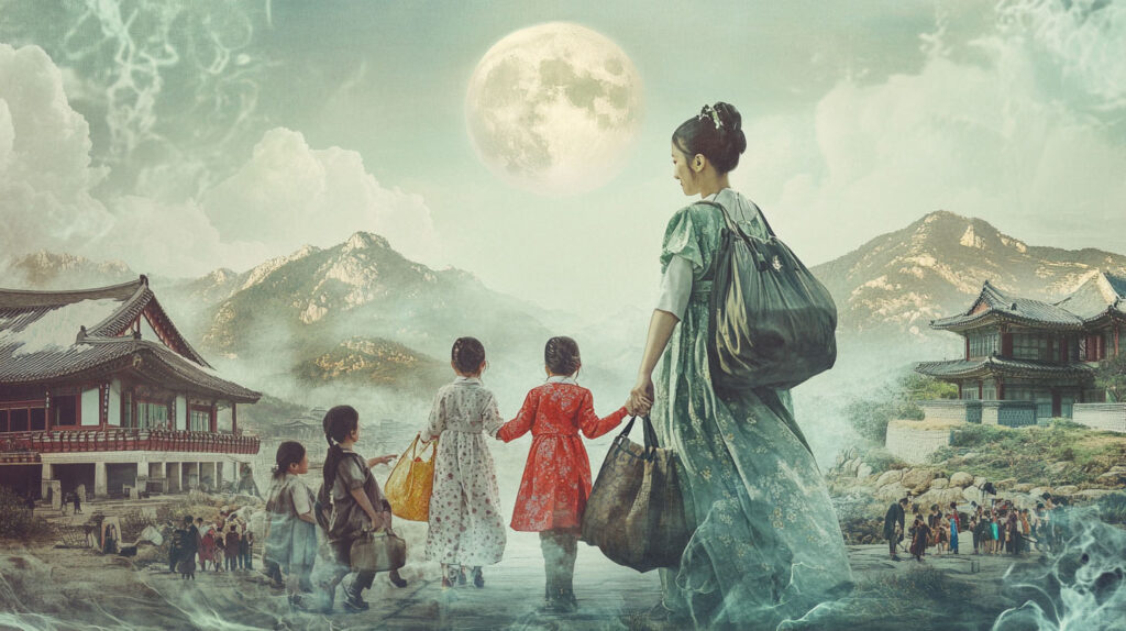 Concept illustration of an Asian family of refugees. Image credit: Nicole Smith, made with Midjourney